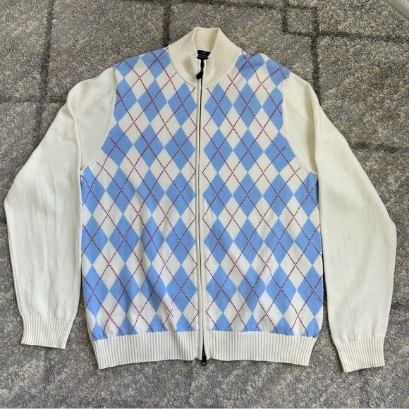 Brooks Brothers Other - 346 Brooks Brothers argyle full zip cotton supima sweater ivory blue L grandpa